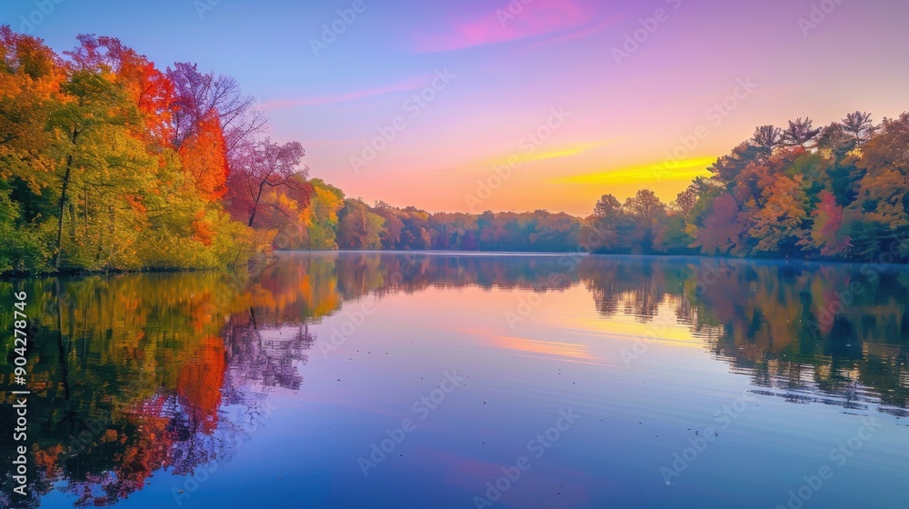 Autumn landscape with vibrant foliage reflecting in a calm lake, capturing the essence of fall beauty Autumn landscape with vibrant foliage reflecting in a calm lake, capturing the essence of fall beauty