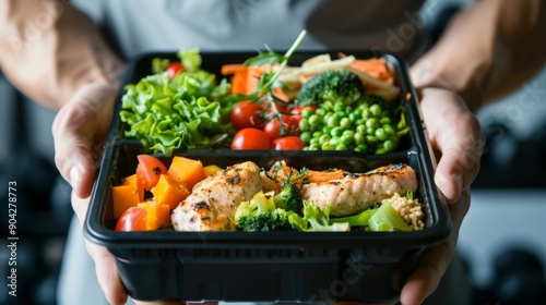 Man holding a plastic black container box with healthy fitness meal including white meat, fresh green salad and vegetables.