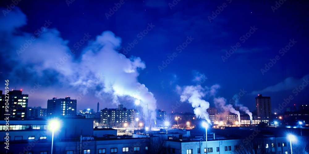 Fototapeta premium Urban city shot at night with dark blue background and smoke-filled air AI-Created Content, neon lights