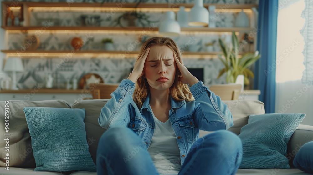Woman with headache and migraine sitting on couch feeling bad and dizzy. Hands grab your head. Burnout symptoms and facial expressions distorted in pain Woman with headache and migraine sitting on couch feeling bad and dizzy. Hands grab your head. Burnout symptoms and facial expressions distorted in pain