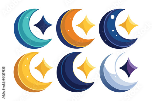 Six Crescent Moons with Stars in Different Colors