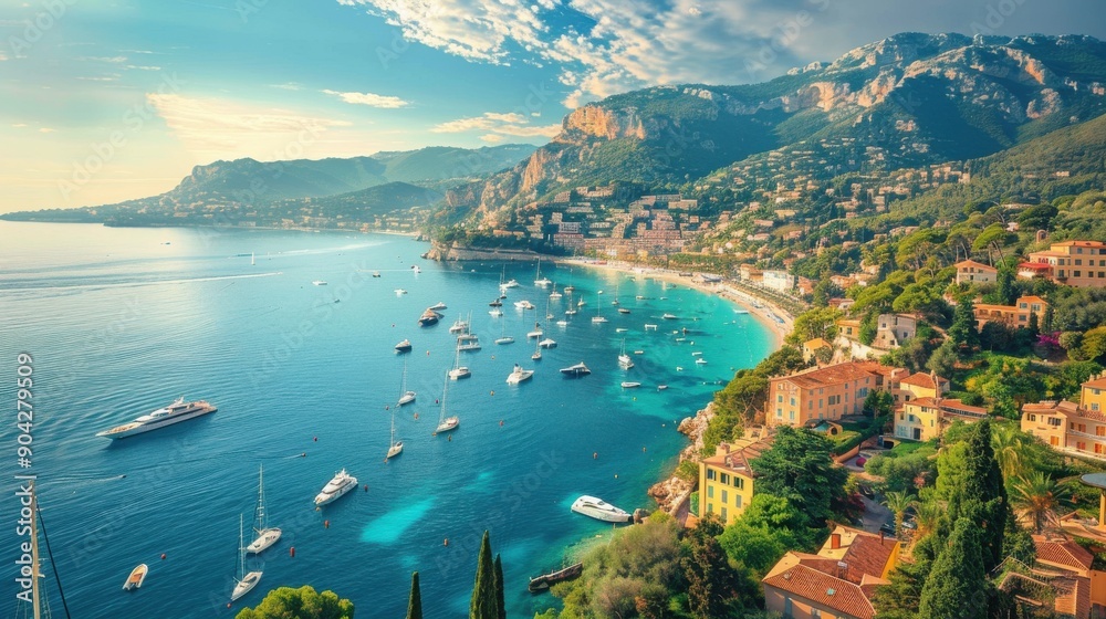 Naklejka premium Beautiful French Riviera coastline with luxury yachts and Mediterranean charm