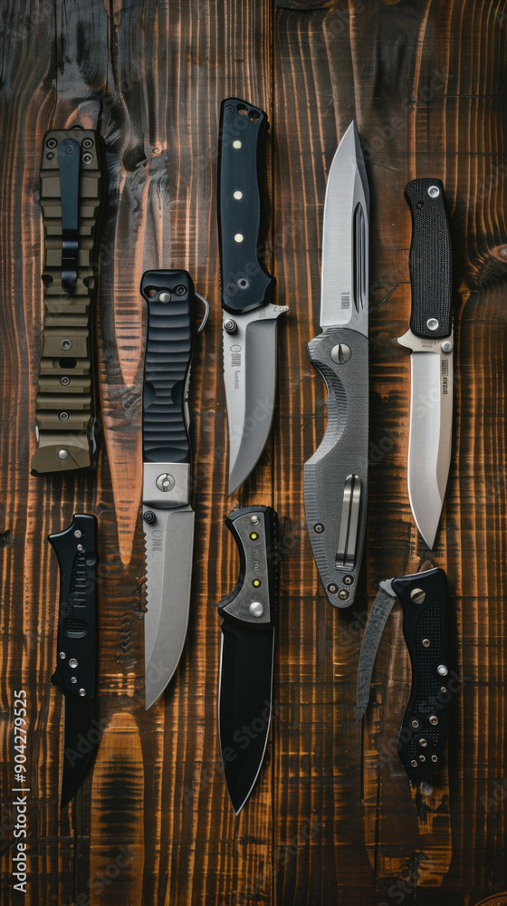 A collection of knives and a pocket knife are displayed on a wooden table A collection of knives and a pocket knife are displayed on a wooden table