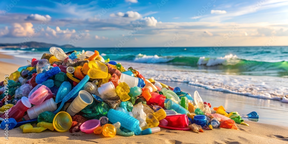 Pile of colorful plastic waste on the beach Generative By AI Pile of colorful plastic waste on the beach Generative By AI