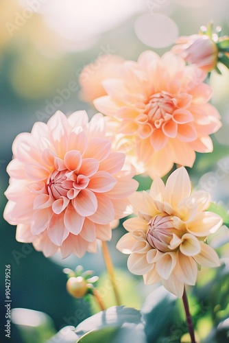 A close-up of vibrant, blooming dahlia flowers in soft peach and yellow hues