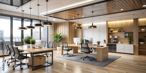 Sleek & Professional  Modern Office Space Interior Design Light wood accents white walls with black and metallic accents Generat photo