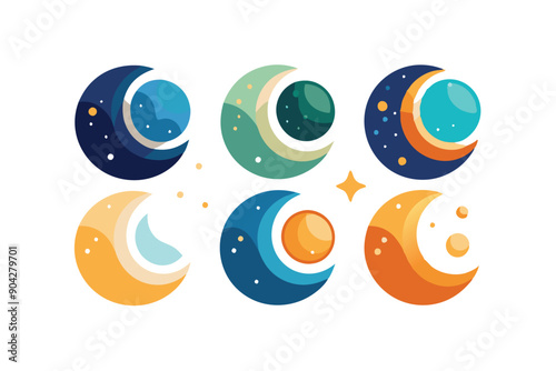 Colorful Crescent Moon and Star Illustrations