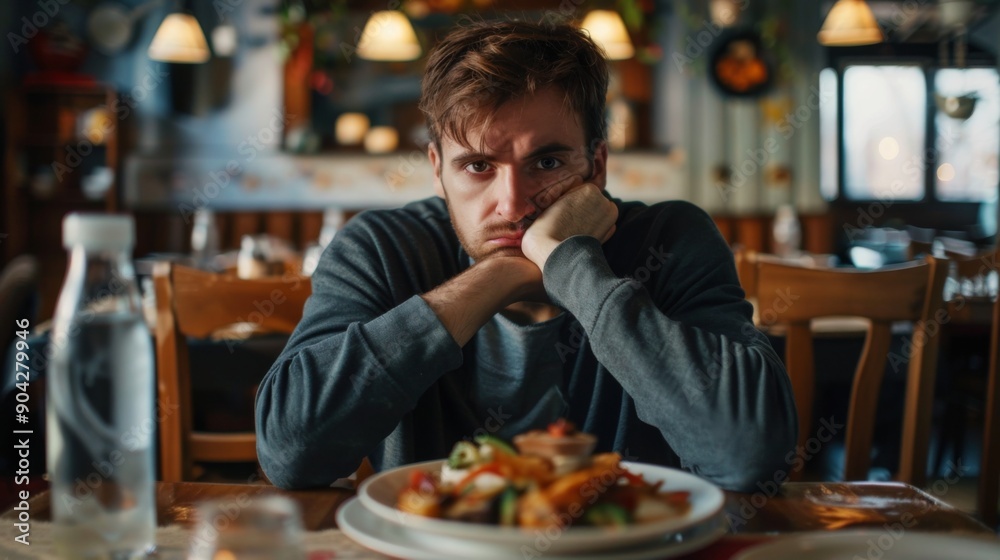 Man sitting at restaurant table, plate of meal in front of him, bad food taste, unhappy displeased customer, dissatisfied Man sitting at restaurant table, plate of meal in front of him, bad food taste, unhappy displeased customer, dissatisfied