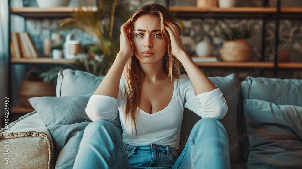 Obraz premium Woman with headache and migraine sitting on couch feeling bad and dizzy. Hands grab your head. Burnout symptoms and facial expressions distorted in pain