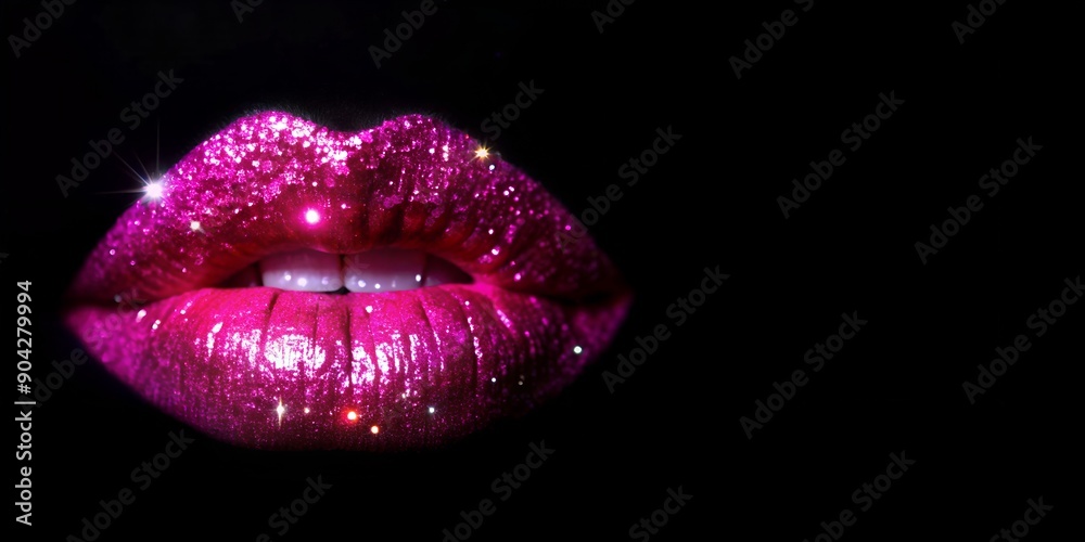 Vibrant pink lips glowing brightly against black backdrop, with touch of sparkle and shine. Creative AI Vibrant pink lips glowing brightly against black backdrop, with touch of sparkle and shine. Creative AI