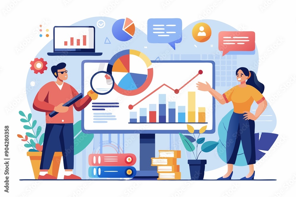 Business Professional Team Analyzing Business Data on Multiple Screens Illustration Business Professional Team Analyzing Business Data on Multiple Screens Illustration