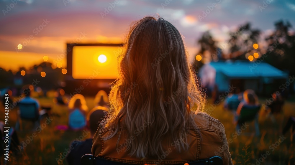 A woman is sitting in a field watching a movie on a large screen. The sky is orange and the lights are on, creating a warm and inviting atmosphere A woman is sitting in a field watching a movie on a large screen. The sky is orange and the lights are on, creating a warm and inviting atmosphere
