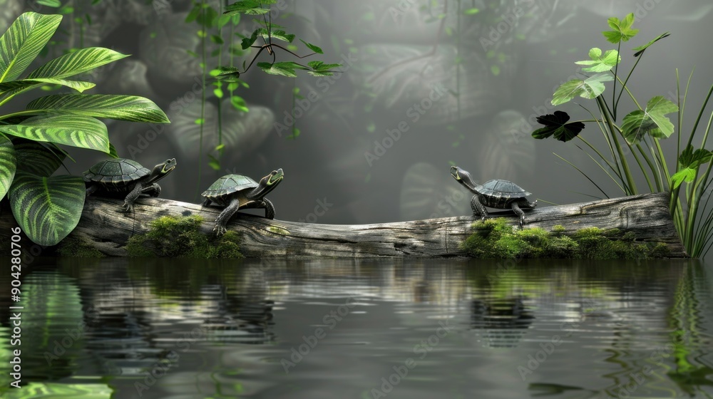 Three Turtles Sunbathing on a Log. Three Turtles Sunbathing on a Log.