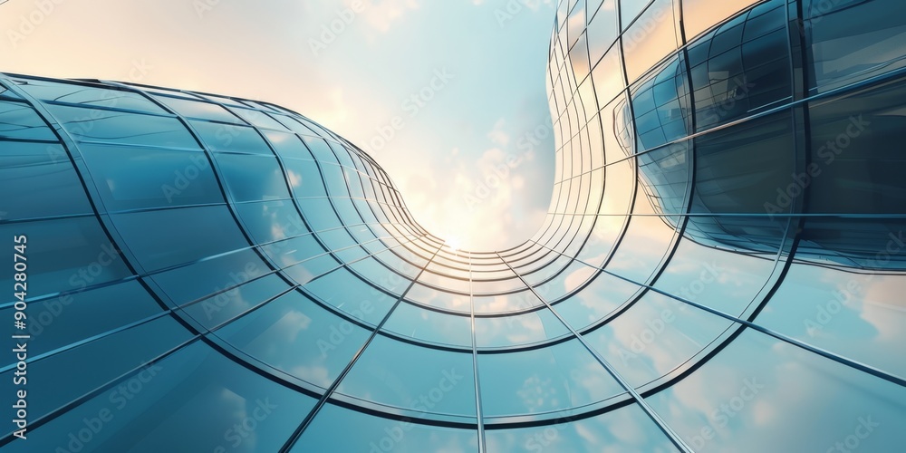 Obraz premium Futuristic Cityscape: Modern Glass Skyscrapers Reflecting Blue Sky. Sunlit Urban Landscape Symbolizing Prosperity and Technological Advancement. Creative Architectural Composition for Business, Innova