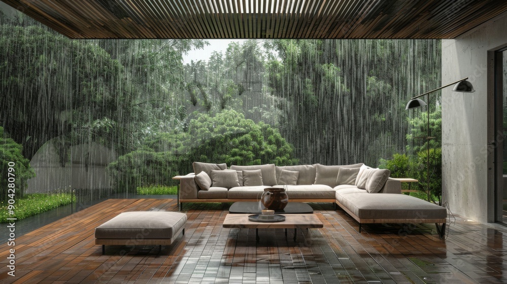 Minimalistic modern living room interior design with sofa and table, rain falling outside or outdoors in lush green garden Minimalistic modern living room interior design with sofa and table, rain falling outside or outdoors in lush green garden