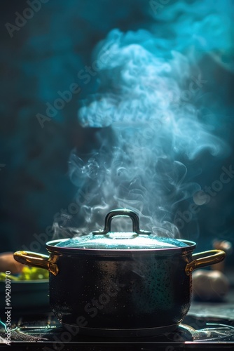 A person is cooking food in a pot on a stove. The pot is filled with a variety of vegetables and meat, and the steam coming from it is thick and hot. Concept of warmth and comfort