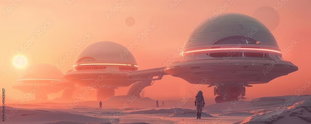 Futuristic concept art of a space colony on a distant planet, Sci-fi, Exploration Futuristic concept art of a space colony on a distant planet, Sci-fi, Exploration