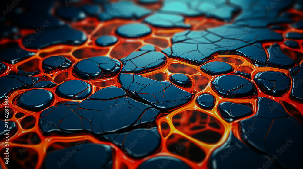 Close-up of molten lava flowing beneath a cracked cooling surface showcasing the dynamic and natural volcanic activity