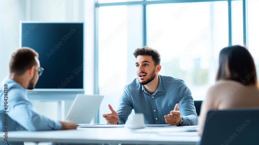 a young designer enthusiastically sharing project ideas with his partners in a well-lit conference room. Business people are deeply involved in the discussion of a new business pro a young designer enthusiastically sharing project ideas with his partners in a well-lit conference room. Business people are deeply involved in the discussion of a new business pro