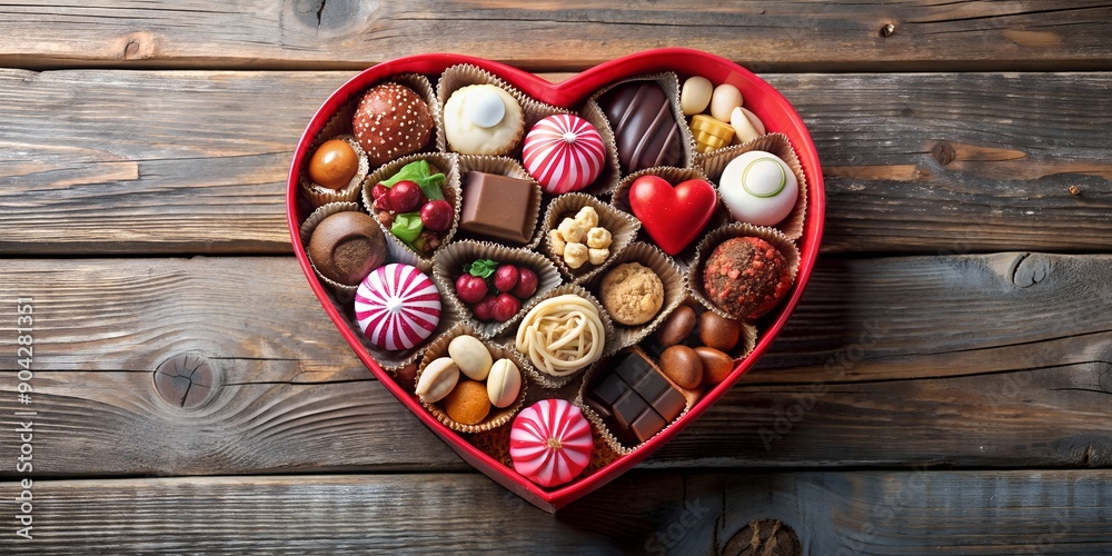 heart-shaped box overflowing with assorted sweet treats heart-shaped box overflowing with assorted sweet treats