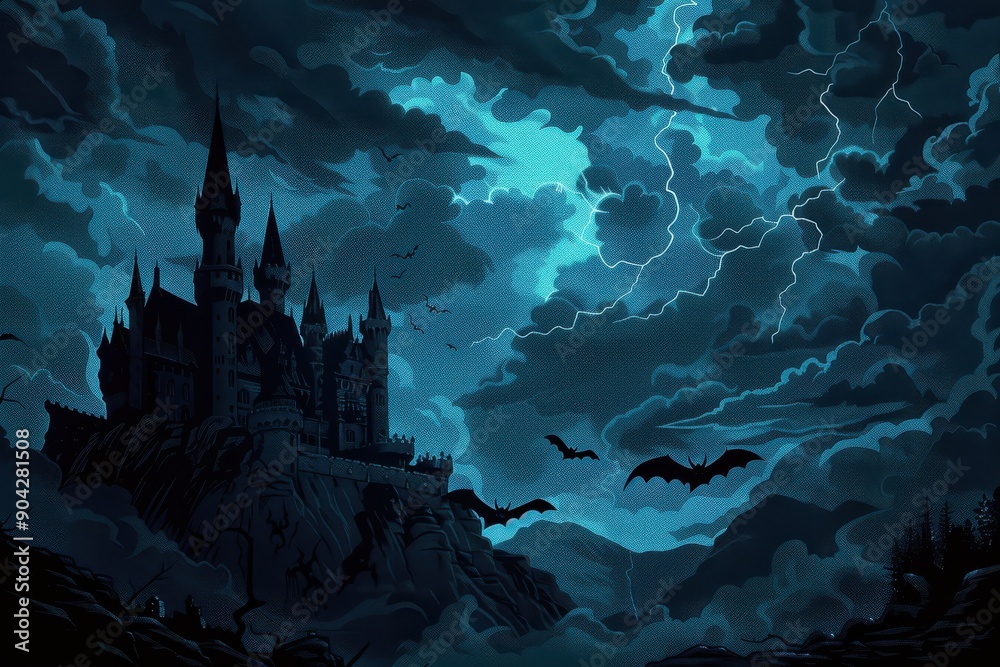 Fototapeta premium A dark, ominous castle with bats flying around, set against a stormy night sky with lightning