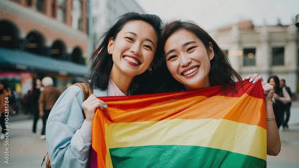 Lesbian couple smiling happy on a street Lesbian couple smiling happy on a street