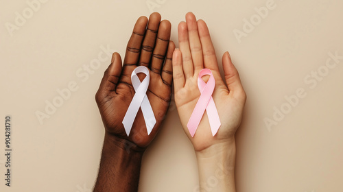 side by side black man and caucasian woman hands  holding together a pink ribbon in support for breast cancer month .