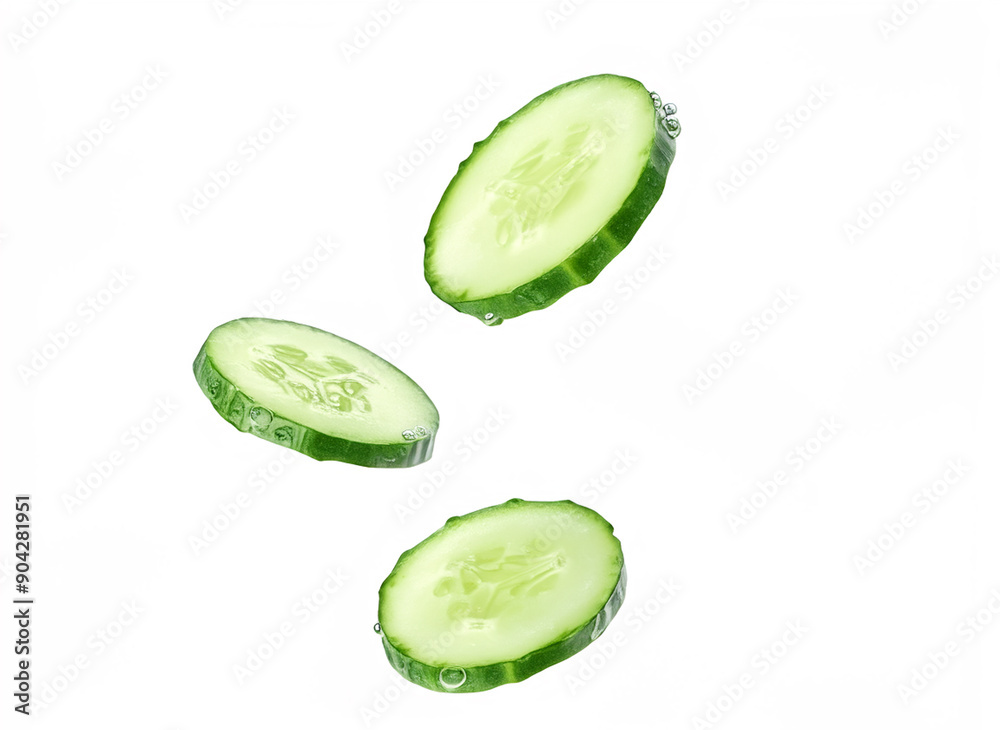 Falling cucumber slices isolated on white background, full depth of field. Cucumber slice grains. Freshness. Falling cucumber slices isolated on white background, full depth of field. Cucumber slice grains. Freshness.