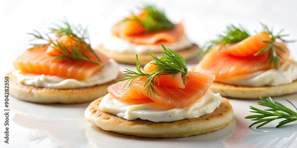 Delicious smoked salmon blinis with cream cheese and fresh dill on white background Generative By AI