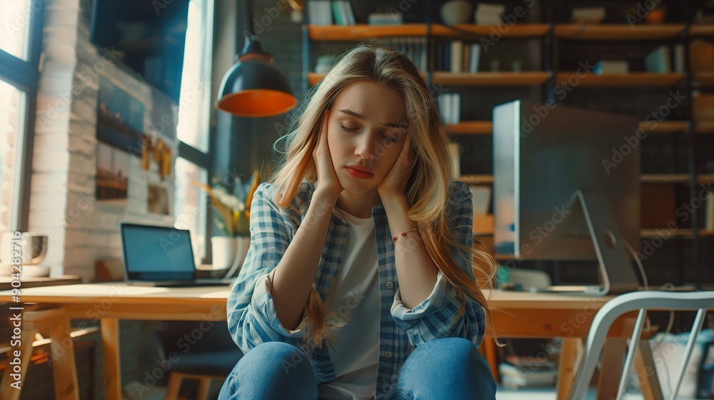 Woman with headache and migraine sitting on couch feeling bad and dizzy. Hands grab your head. Burnout symptoms and facial expressions distorted in pain