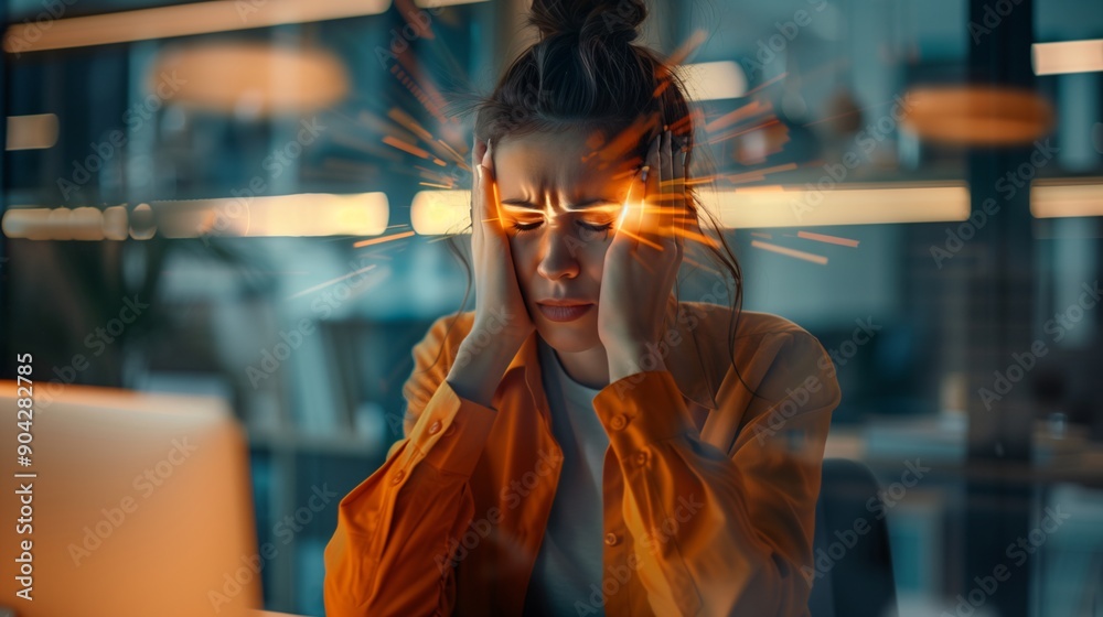 Woman with headache and migraine sitting on couch feeling bad and dizzy. Hands grab your head. Burnout symptoms and facial expressions distorted in pain