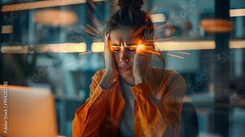 Obraz na płótnie Woman with headache and migraine sitting on couch feeling bad and dizzy. Hands grab your head. Burnout symptoms and facial expressions distorted in pain w salonie