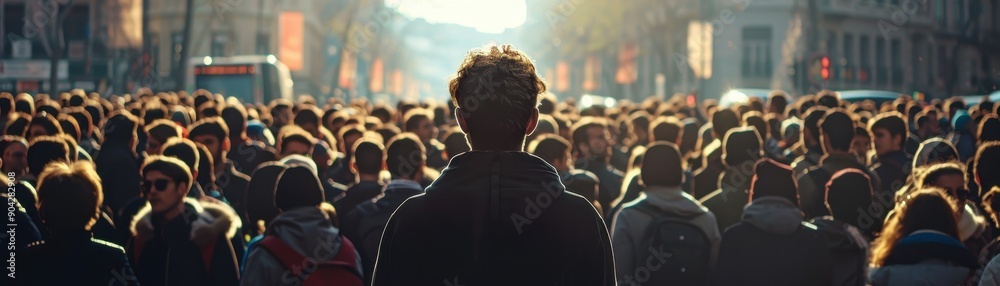 A crowd of people are gathered together, with a man in the center of the group. The man is looking up, and the rest of the crowd is looking down. Concept of unity and togetherness A crowd of people are gathered together, with a man in the center of the group. The man is looking up, and the rest of the crowd is looking down. Concept of unity and togetherness