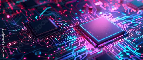 Digital technology background with chip and circuit board, AI concept Banner design, futuristic illustration of digital communication in the style of high tech dark blue and purple color Generative AI