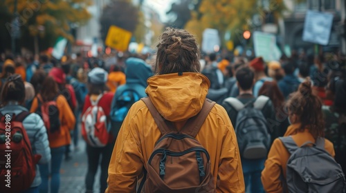 A crowd of people are gathered together, with a man in the center of the group. The man is looking up, and the rest of the crowd is looking down. Concept of unity and togetherness © Media Srock