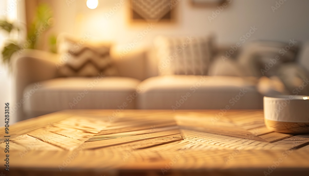 Close-up of wooden coffee table with chevron pattern, soft light, Scandinavian design elements, blurred background, wall artwork, cozy feel. Close-up of wooden coffee table with chevron pattern, soft light, Scandinavian design elements, blurred background, wall artwork, cozy feel.