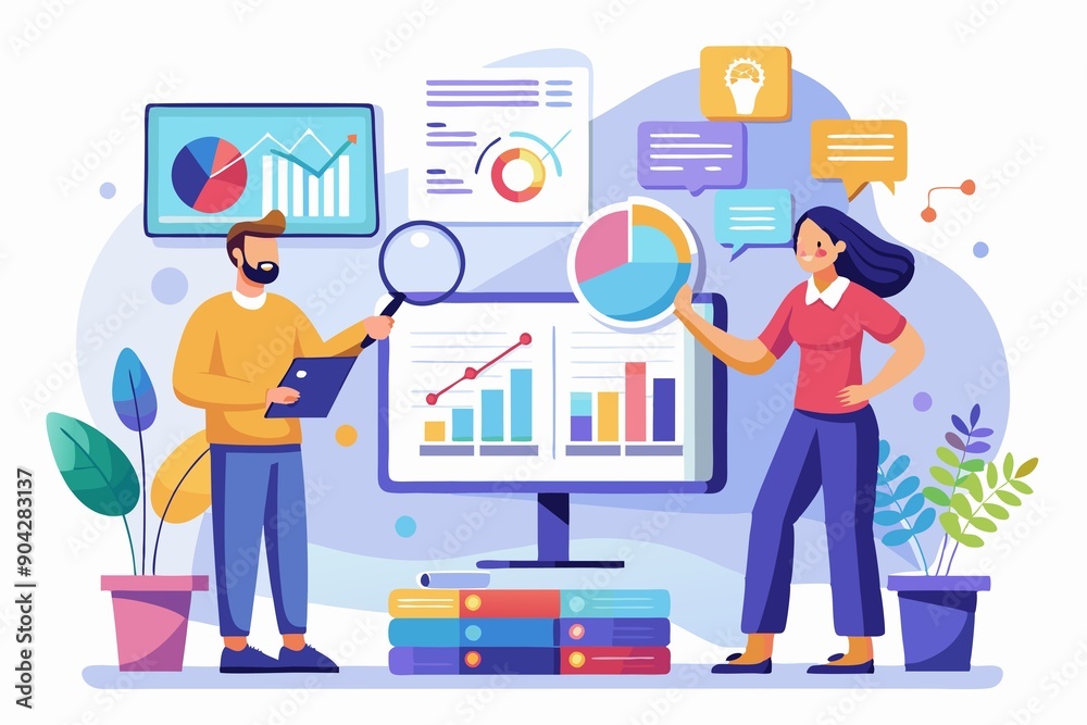 Business Professional Team Analyzing Business Data on Multiple Screens Illustration Business Professional Team Analyzing Business Data on Multiple Screens Illustration