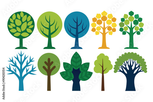 Collection of Ten Stylized Colorful Trees