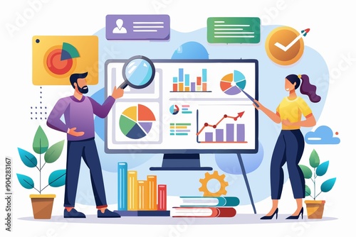 Business Professional Team Analyzing Business Data on Multiple Screens Illustration