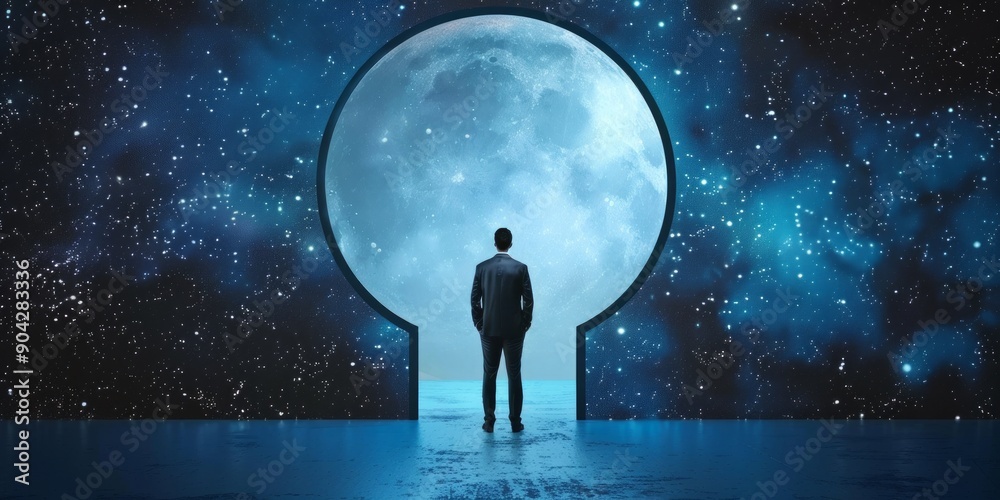 Fototapeta premium A Man Standing Before a Moon-Shaped Doorway