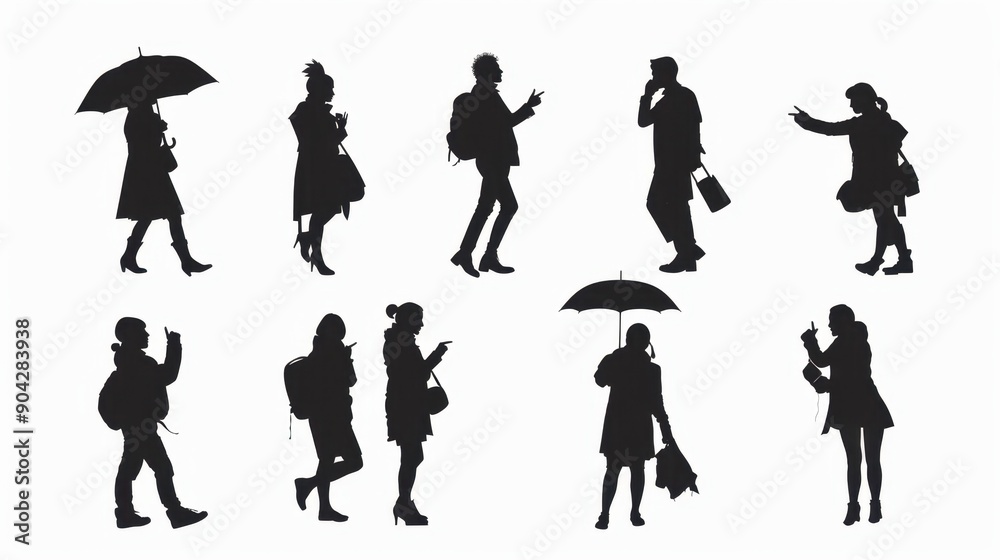 black silhouette illustrations showing people in different poses, including thinking, talking on the phone, pointing, holding an umbrella, and celebrating black silhouette illustrations showing people in different poses, including thinking, talking on the phone, pointing, holding an umbrella, and celebrating