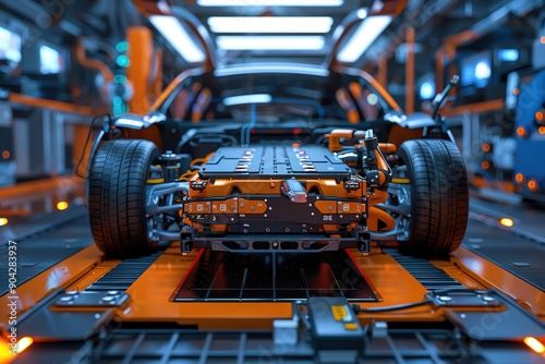 A close-up view of a modern electric vehicle assembly line showcasing intricate parts and technology in a vibrant factory environment.