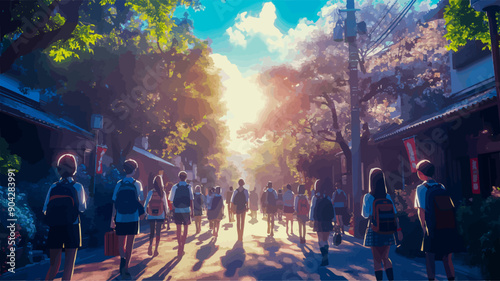 Students in japan walking home from school as the setting sun creates long shadows behind them