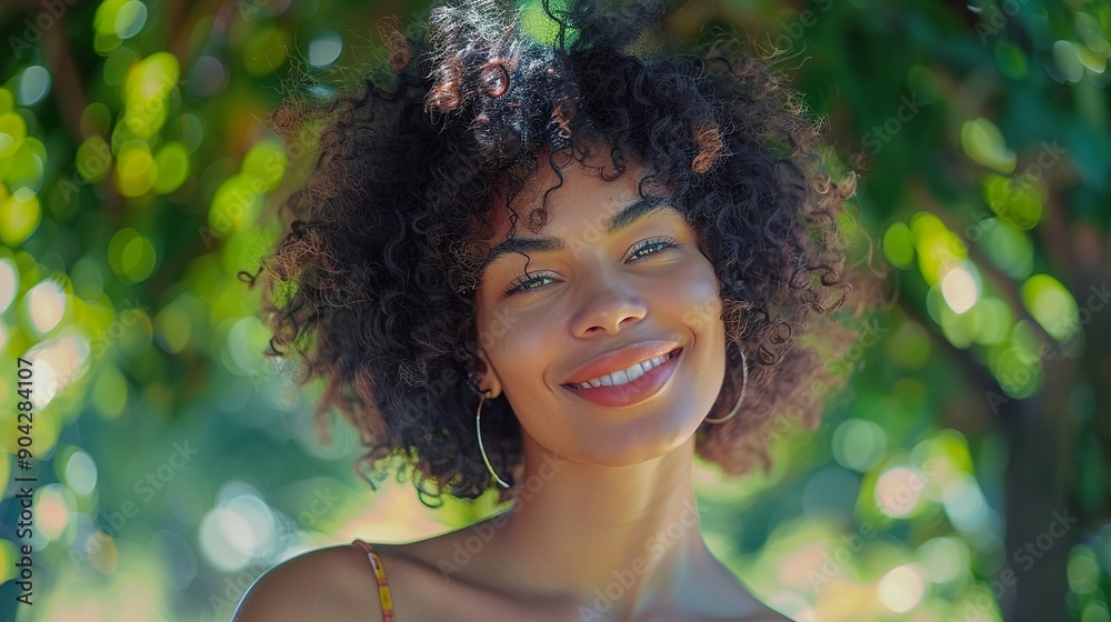 an ambitious woman with curly hair, smiling and standing casually in a summer outfit, against a fresh green backdrop, ideal for adding text or graphics. an ambitious woman with curly hair, smiling and standing casually in a summer outfit, against a fresh green backdrop, ideal for adding text or graphics.
