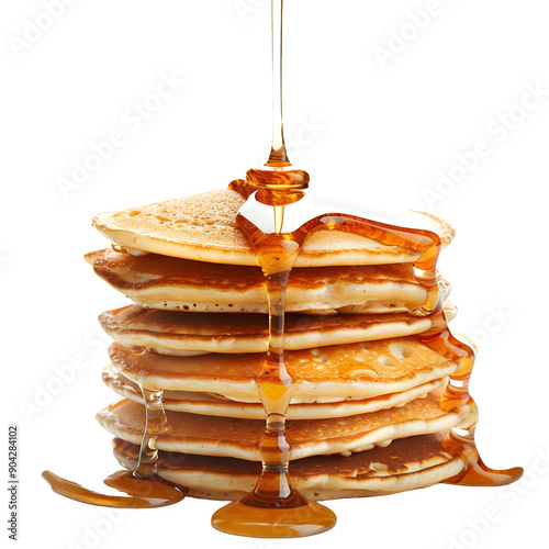 Golden pancakes with flowing maple syrup photo