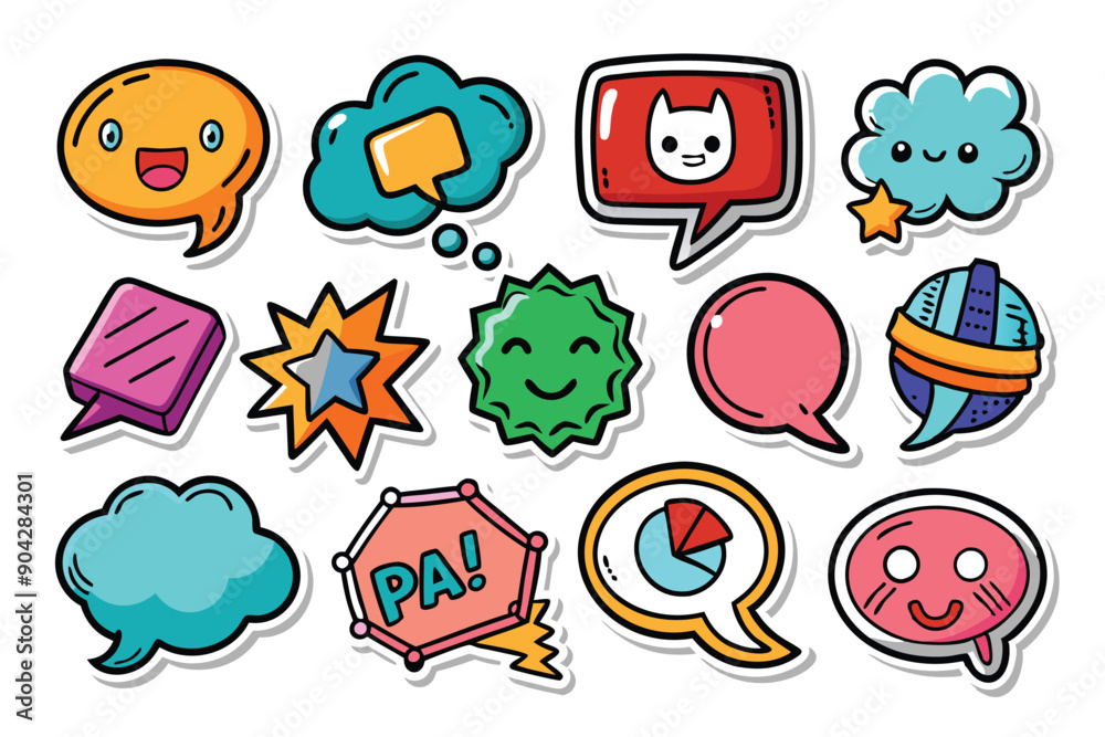 Colorful Hand-Drawn Speech Bubbles with Cute Characters and Symbols Colorful Hand-Drawn Speech Bubbles with Cute Characters and Symbols
