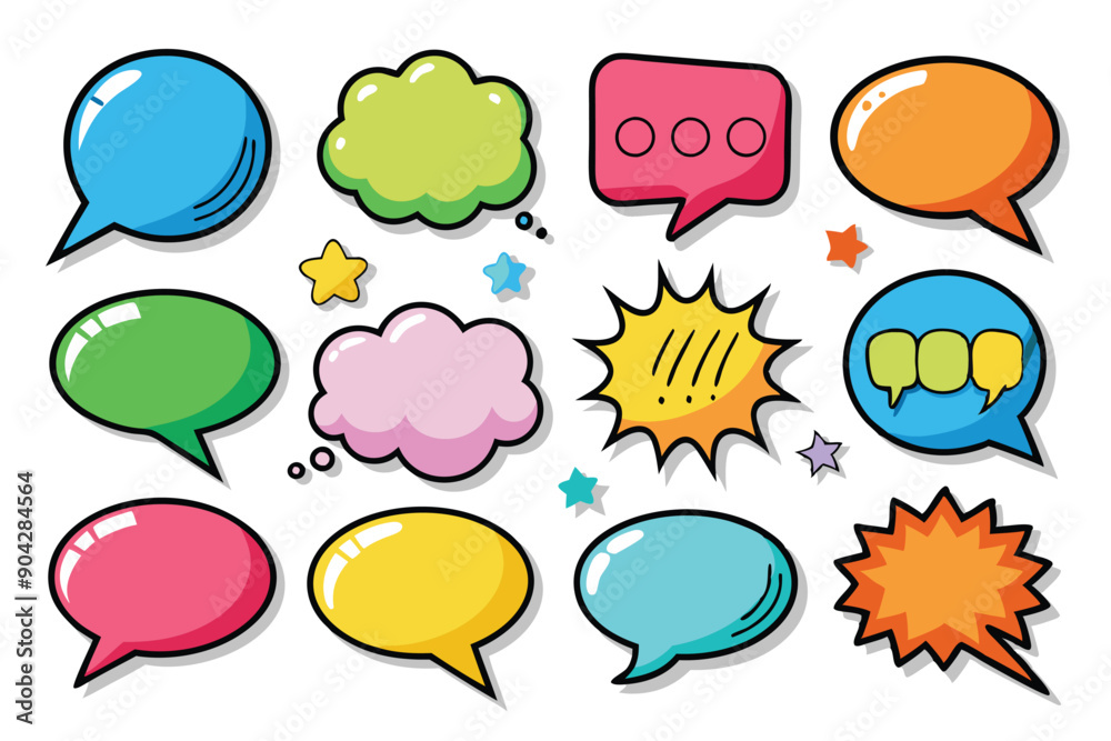 Colorful Cartoon Speech Bubbles with Stars and Exclamation Points Colorful Cartoon Speech Bubbles with Stars and Exclamation Points