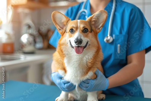 A happy corgi at a veterinary clinic, receiving care from a friendly vet in blue scrubs, showcasing animal healthcare professionalism. photo