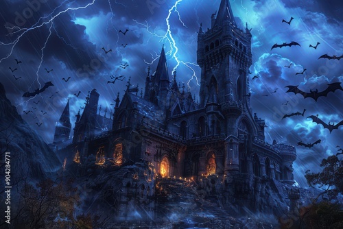 A dark, ominous castle with bats flying around, set against a stormy night sky with lightning © Gaseesky Stock