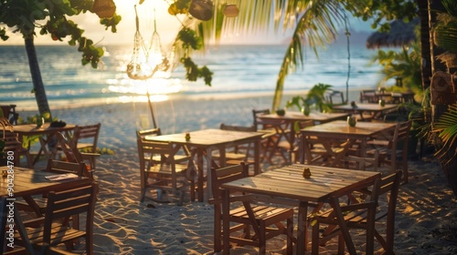 Wallpaper Mural Ocean or sea sand beach restaurant or cafe with tables and chairs. Tropical island summer holiday or vacation resort food Torontodigital.ca